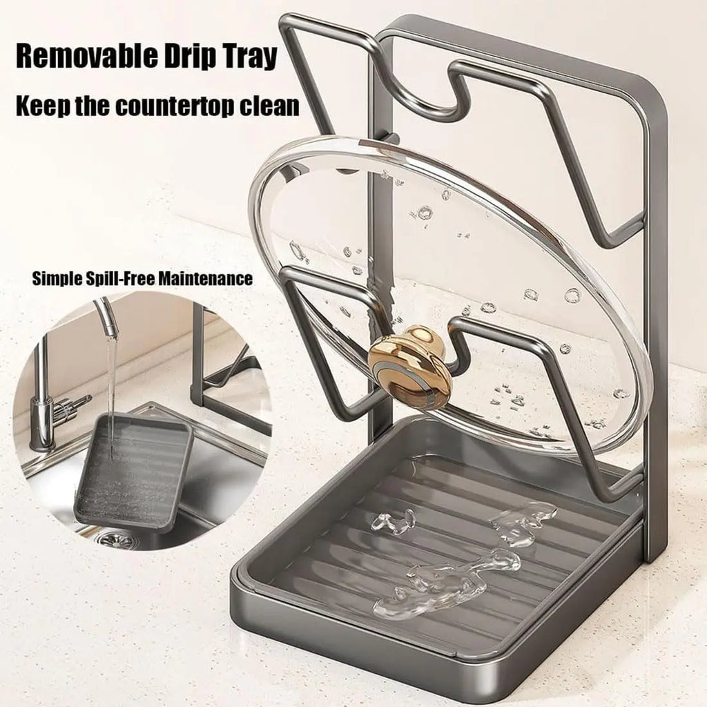 Pot Lid Rack 18.2 cm Stainless Steel 3 Tier Holder with Drainage Tray and Spoon Rest for Kitchen