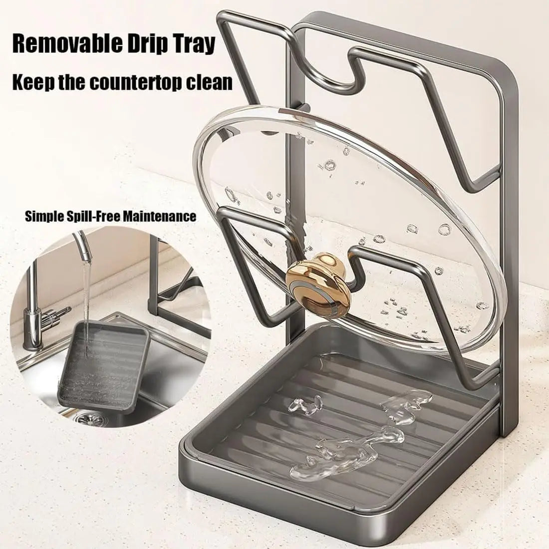 Pot Lid Rack 18.2 cm Stainless Steel 3 Tier Holder with Drainage Tray and Spoon Rest for Kitchen