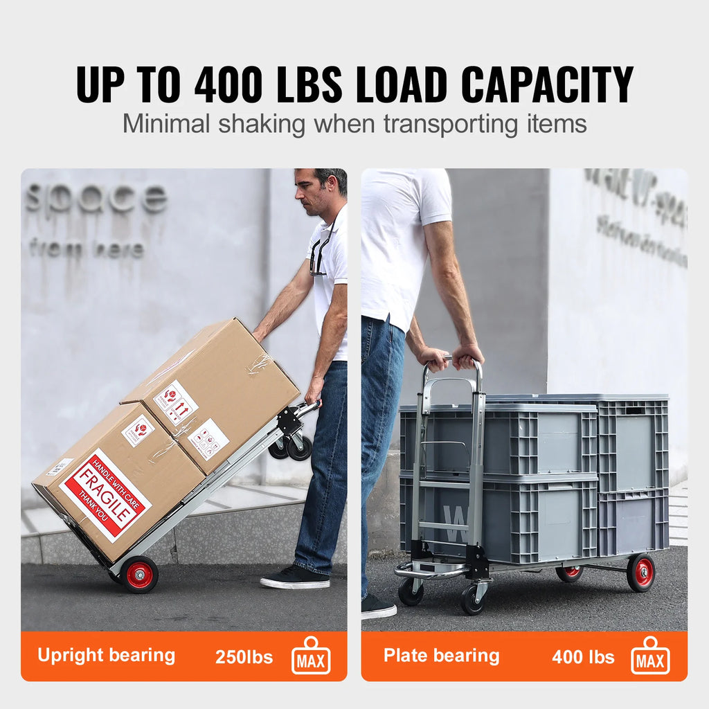 Folding Hand Truck Convertible 2 In 1 Utility Dolly Cart 181kg Capacity – Silver