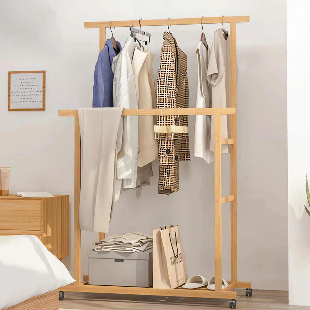 Bamboo Clothes Rack with Double Hanging Rails Rolling Garment Stand with Storage Shelf and Side Rail – Natural Wood
