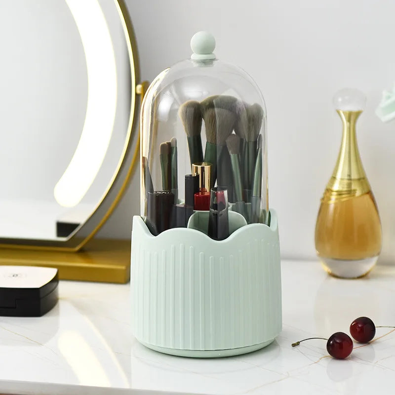 360° Rotating Makeup Brush Holder Cosmetics Organizer with Dustproof Lid and Storage Compartments – Green