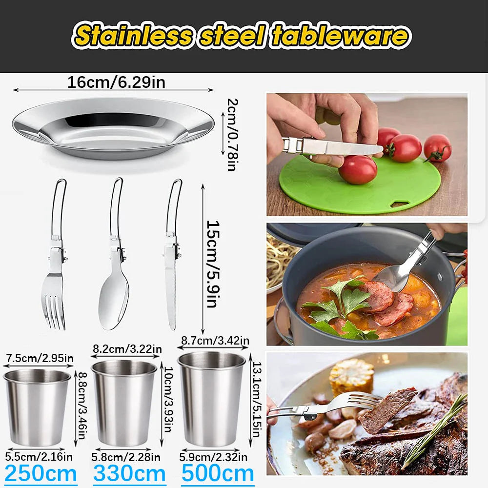 Camping Cookware Set 1-3 Person Non Stick Pots Pan Kettle Kit - 3 Stainless Steel Tableware 330 ML