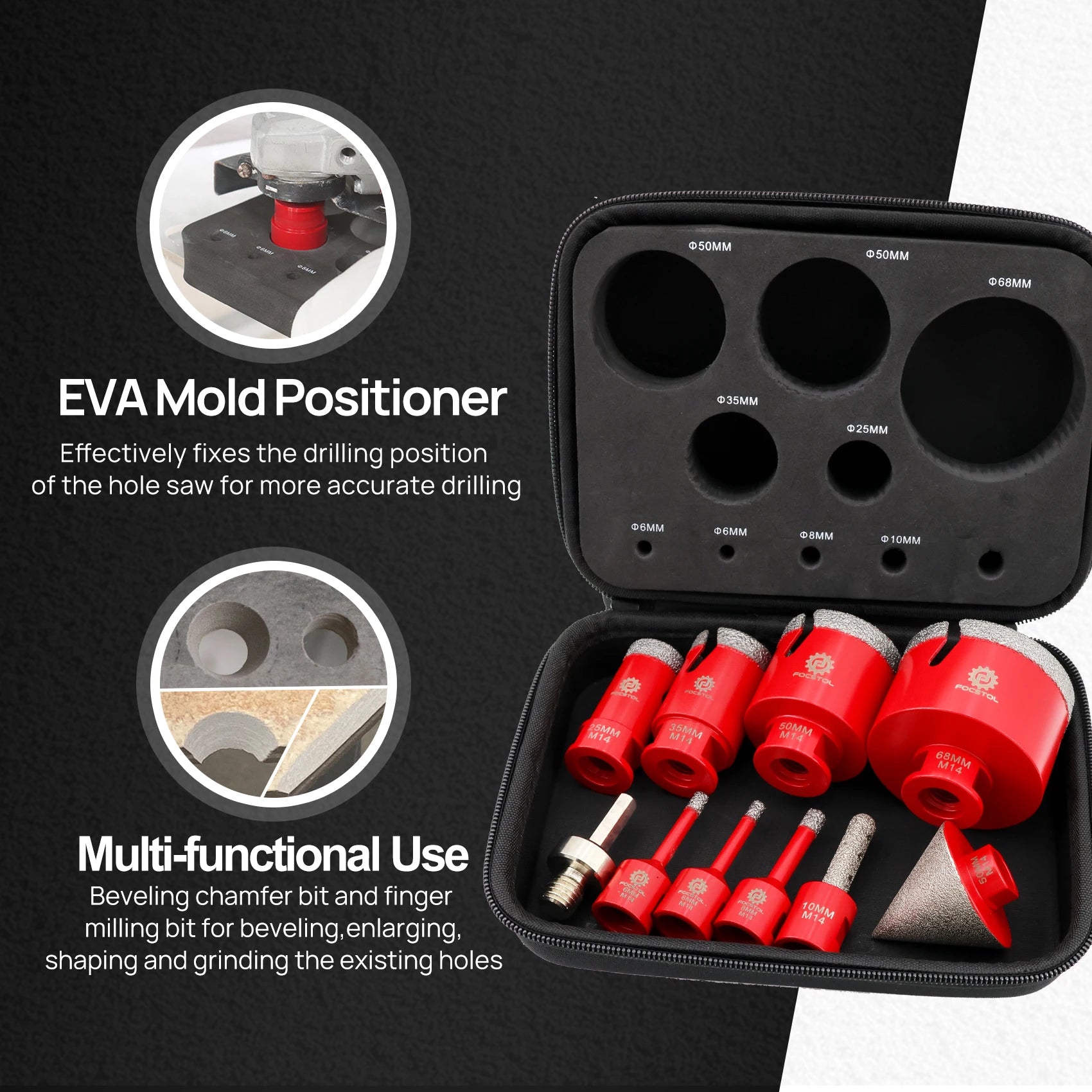 Diamond Drill Bit Set 10 Piece Hole Saw Kit M14 Thread for Tile Granite Marble – Red