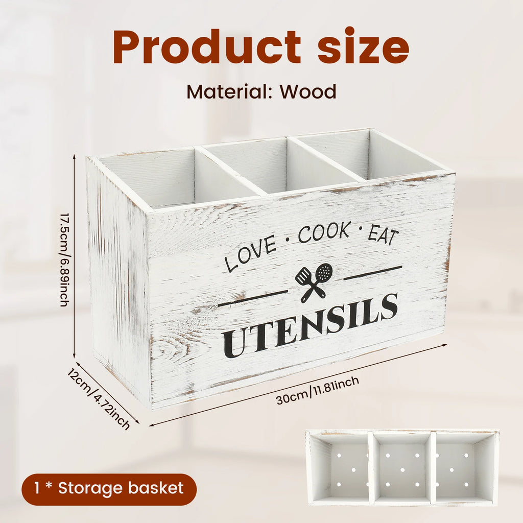 Utensil Holder 3 Compartment 30 × 12 × 17.5 cm Wooden Kitchen Cutlery Organiser - White
