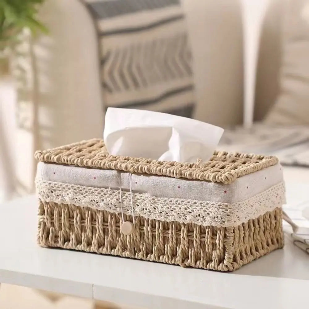 Handwoven Rattan Tissue Box Cover with Lid Decorative Napkin Holder for Living Room Bathroom Dining Table – Beige