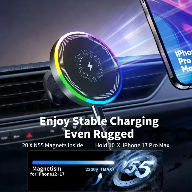 Phone Holder 15W Wireless Charging Air Vent Mount RGB Light One Hand Operation Dock