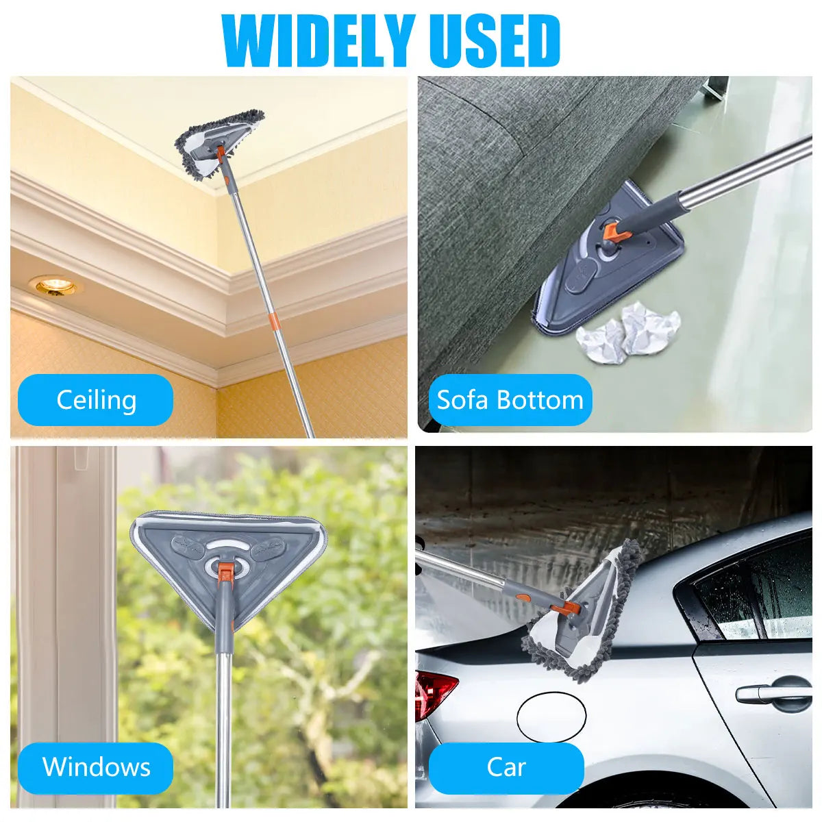 Wall Cleaning Mop 360° Rotating Triangle Head with Extendable Handle 63.5–216cm 6 Reusable Pads - Multi Piece Set