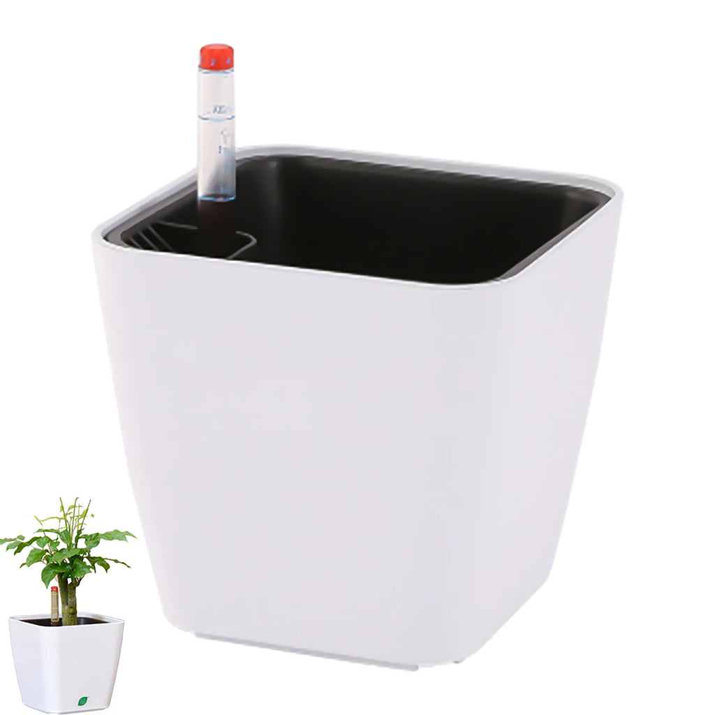 Self-Watering Planter 14cm Plastic Flower Pot With Water Level Indicator – Brown