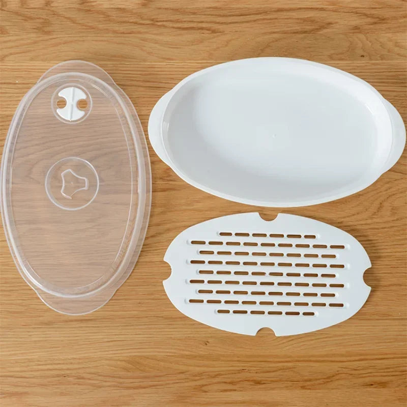 Microwave Steamer Plate with Lid Large Fish Steaming Tray Food Steamer – White