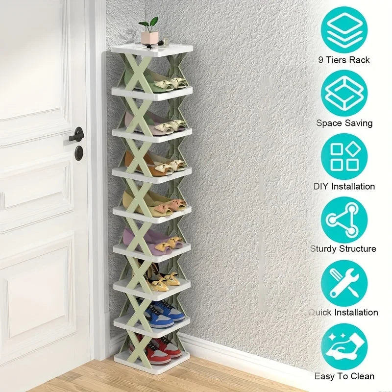 9-Tier Vertical Shoe Rack – Space-Saving Tall & Narrow Home Storage - Green