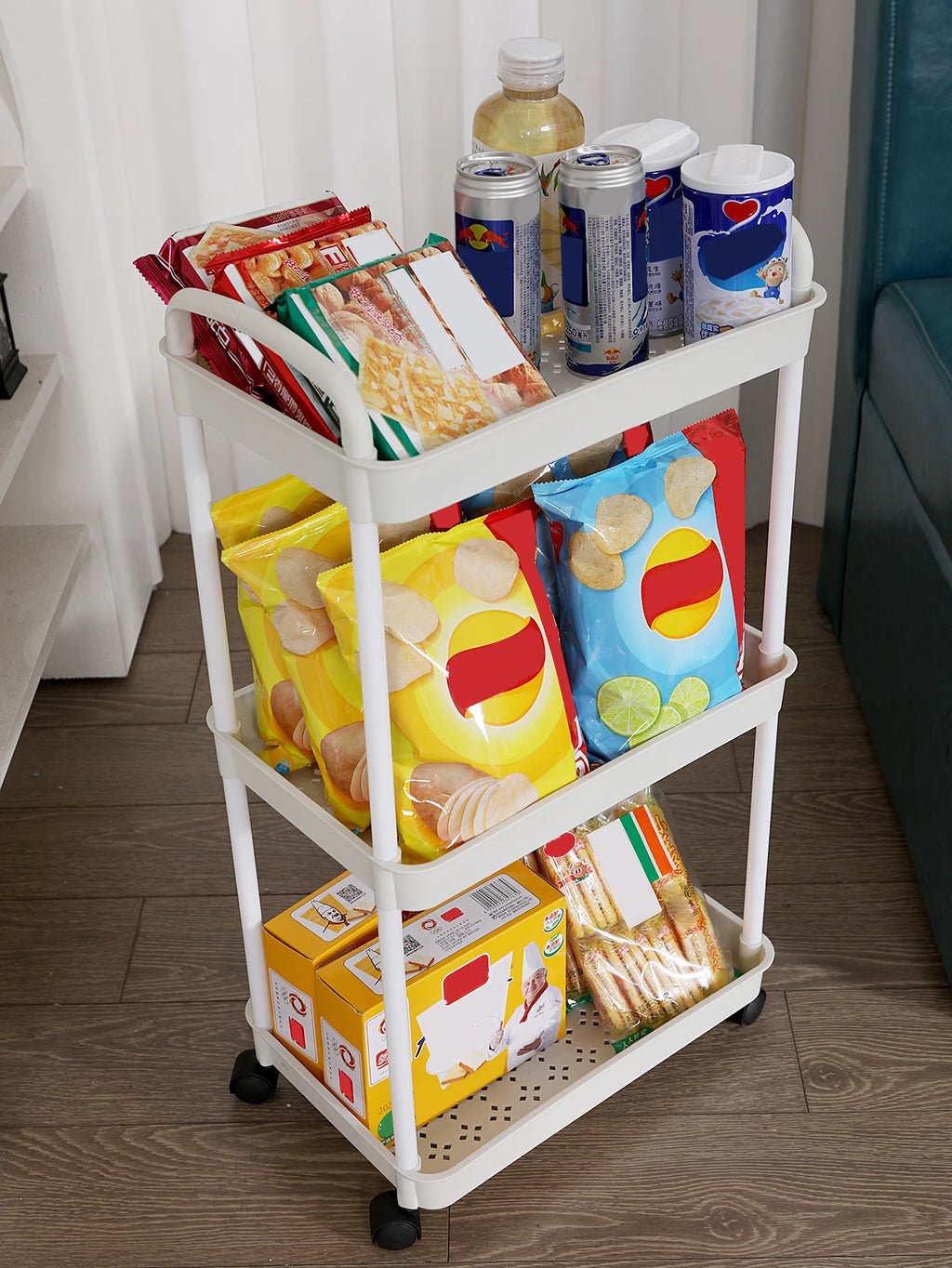 Portable 3-Tier Plastic Rolling Storage Cart with Wheels, Handle Utility Organizer Trolley - White
