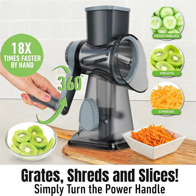 3-in-1 Rotary Cheese Grater with Manual Handle and Interchangeable Drums – Red
