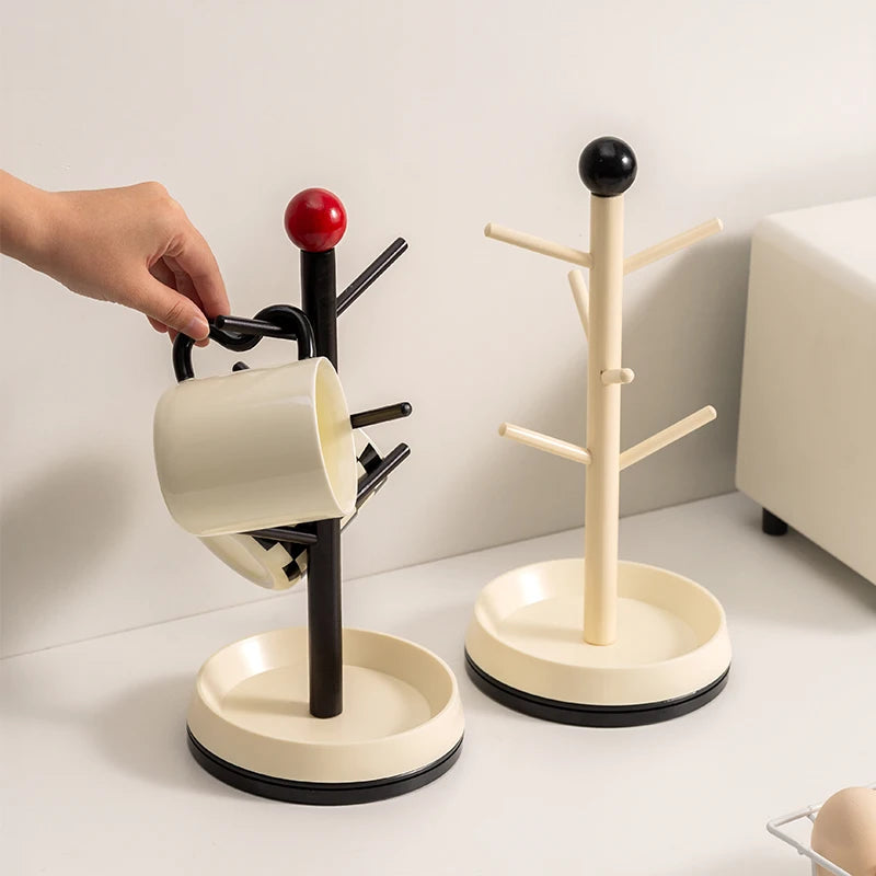 Rotating Wooden Mug Tree Cup Holder Countertop Coffee Cup Drying Rack Storage Stand – Black with Red Ball Accent