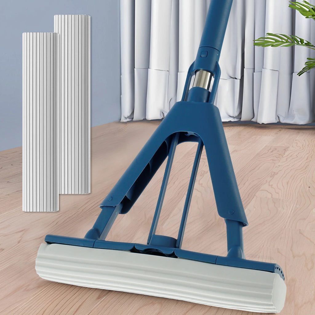 Foldable Self-Draining Sponge Mop with Telescopic Handle 96–128cm and 2 Replacement Heads - Blue