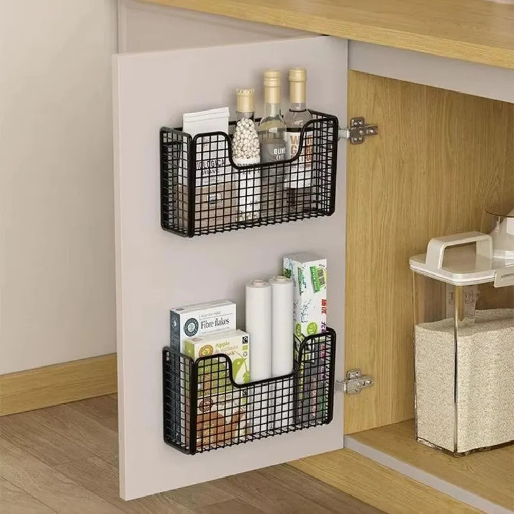 Cabinet Door Storage Rack Wall Mounted Punch Free Kitchen Organiser with 2 Adhesive Hooks – Black