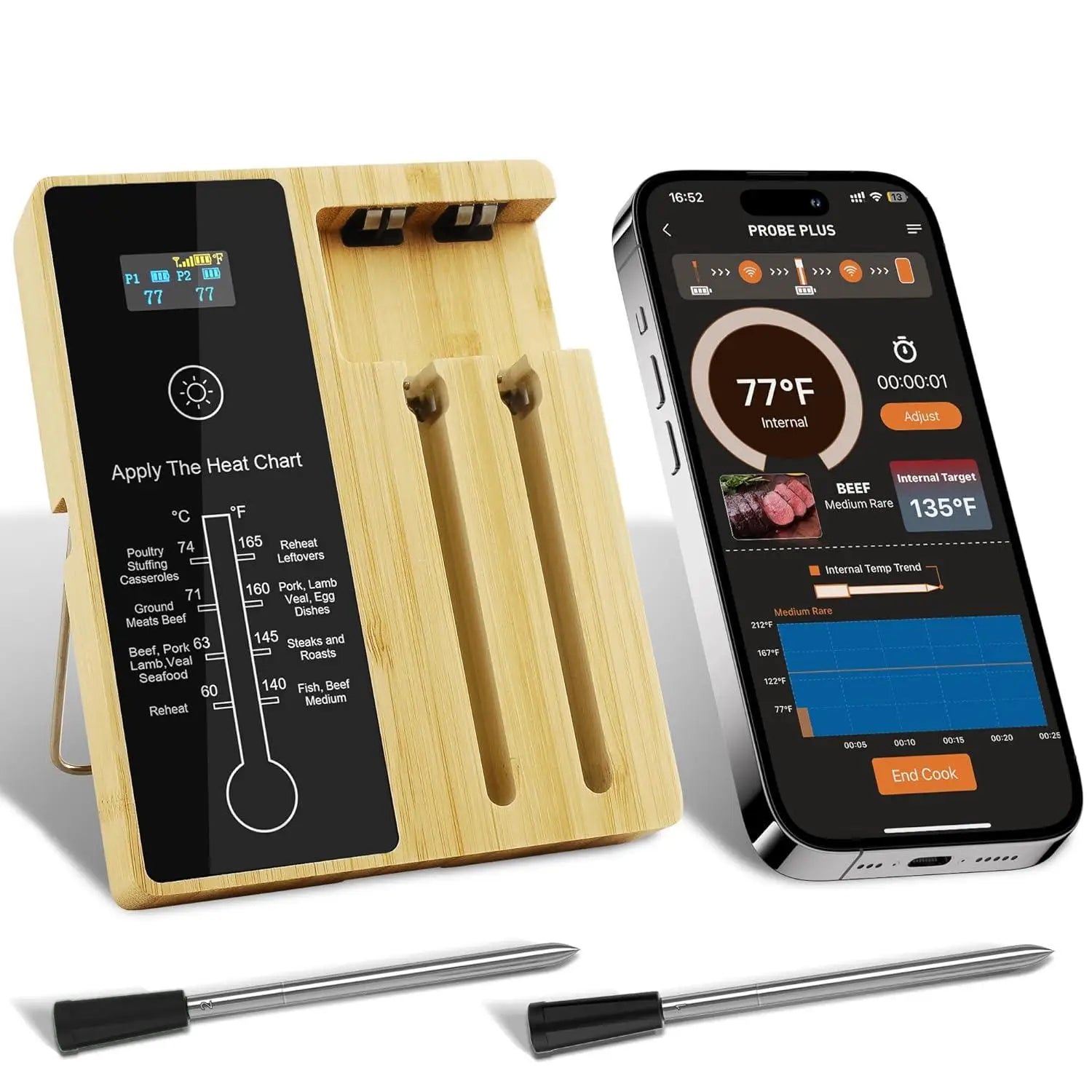 Digital Meat Thermometer Bluetooth 2 Probe 120m Wireless LCD Cooking Thermometer - Black