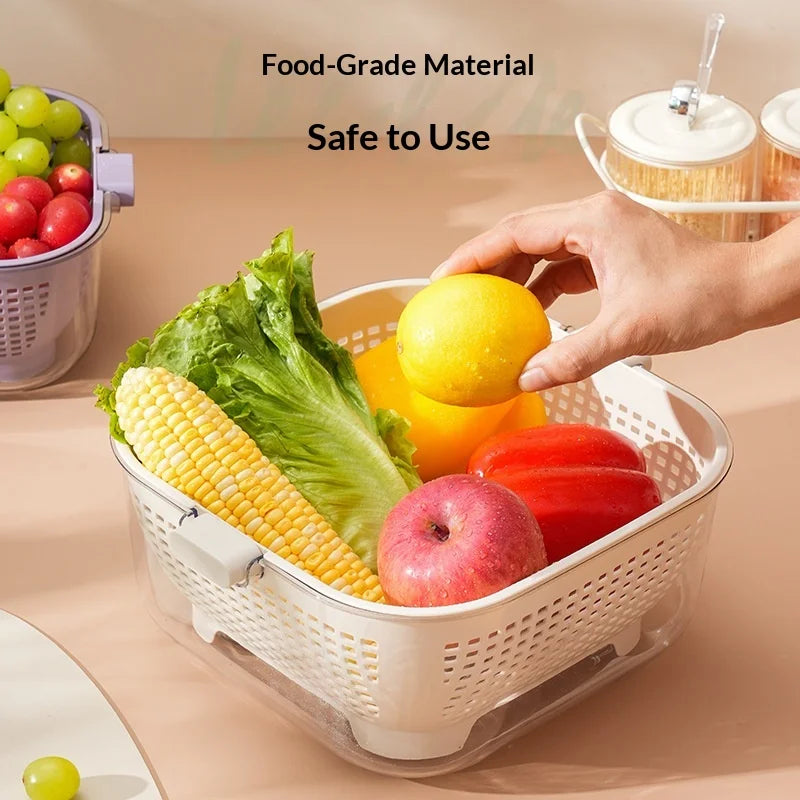 Kitchen Double Drain Wash Basket Large Capacity Fruit and Vegetable Washing Basin with Colander – White