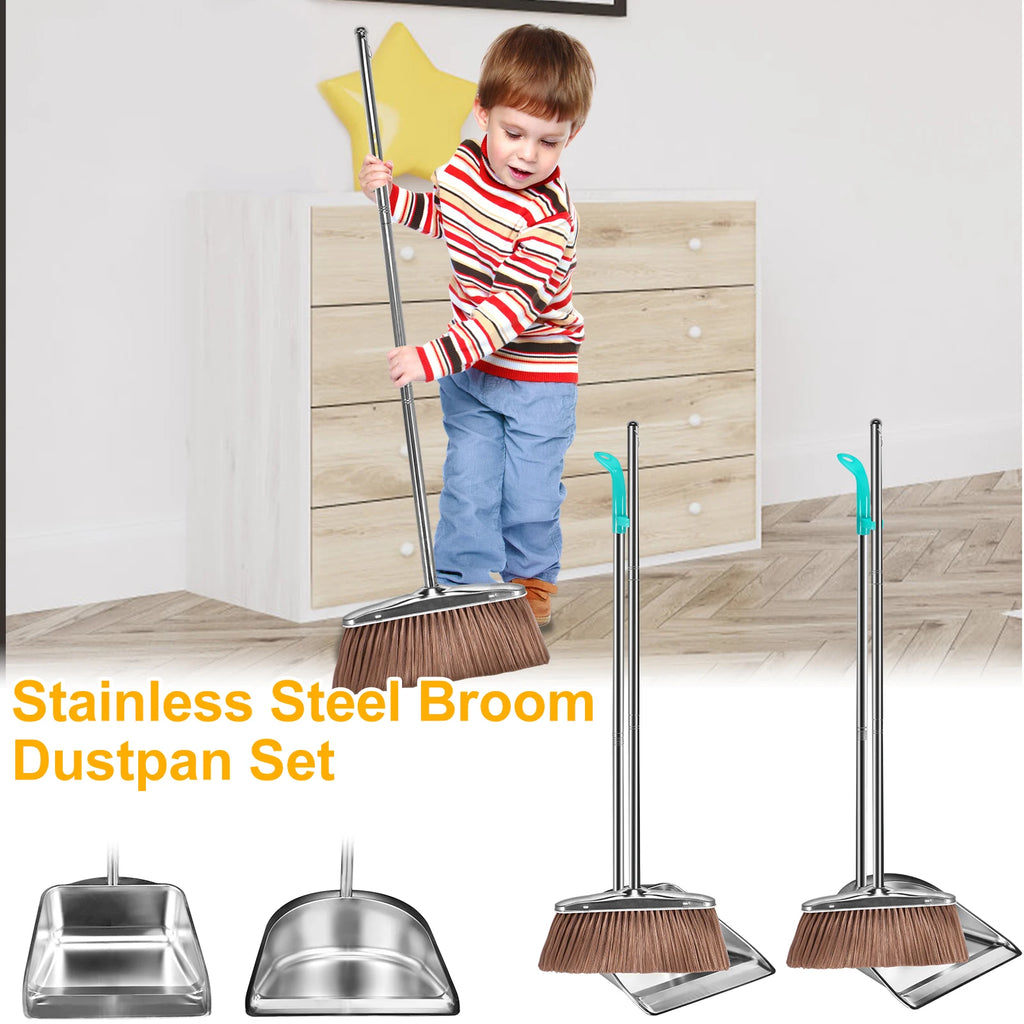 Broom and Dustpan Set Stainless Steel Long Handle Sweeping Cleaning Combo Round Dustpan