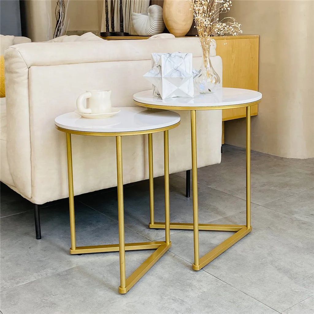 Nesting Side Table Set 2 Piece Sintered Stone Top Metal Base Round Tables - White
