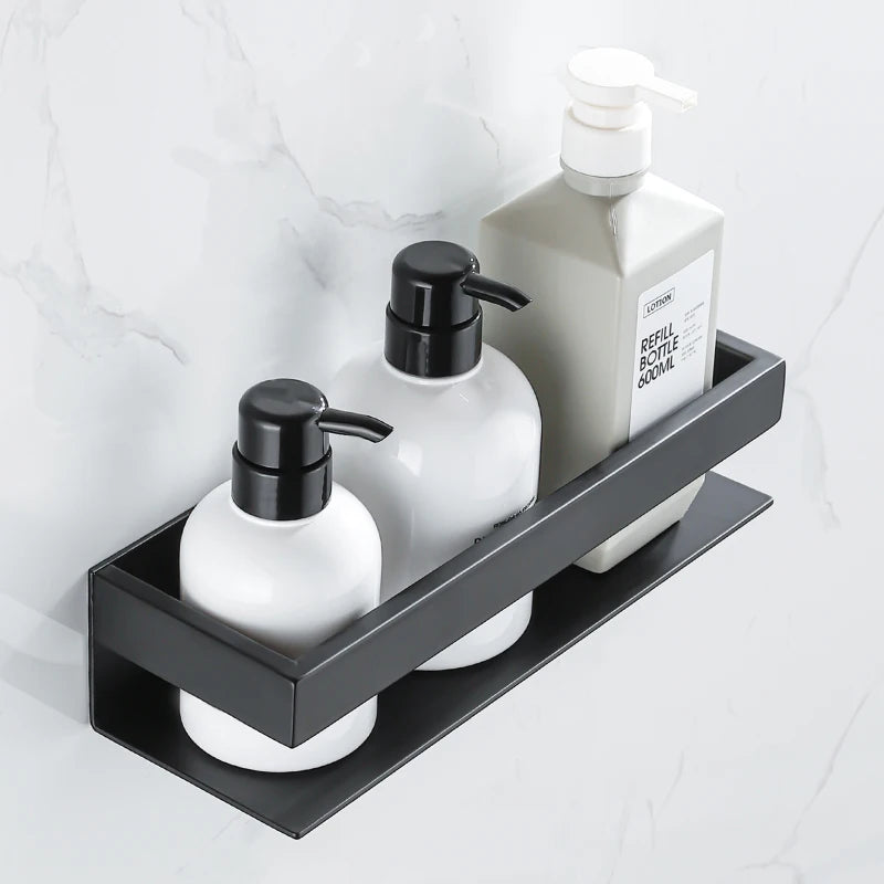 Shower Shelf 40cm Wall Mounted Bathroom Storage Rack Aluminum Shelf with Stainless Steel Bar Black