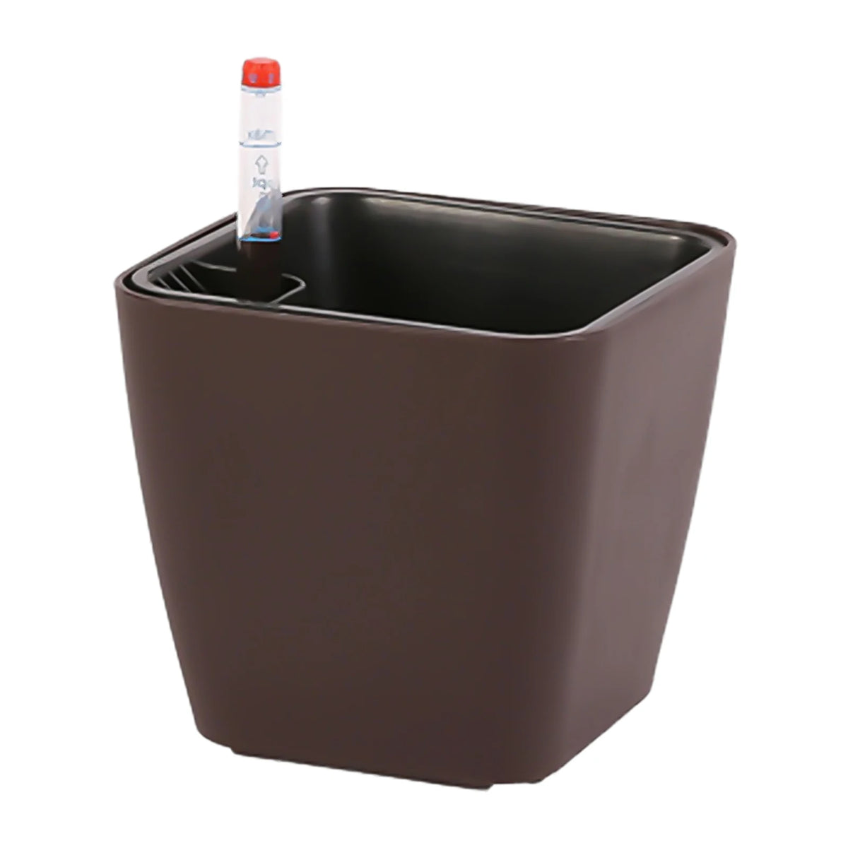 Self-Watering Planter 14cm Plastic Flower Pot With Water Level Indicator – Brown