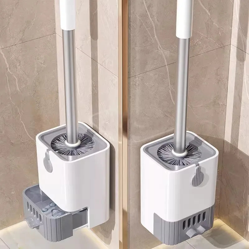 Long Handle Toilet Brush with Drain Base Wall Mounted No Drill Bathroom Cleaning Brush Set – White