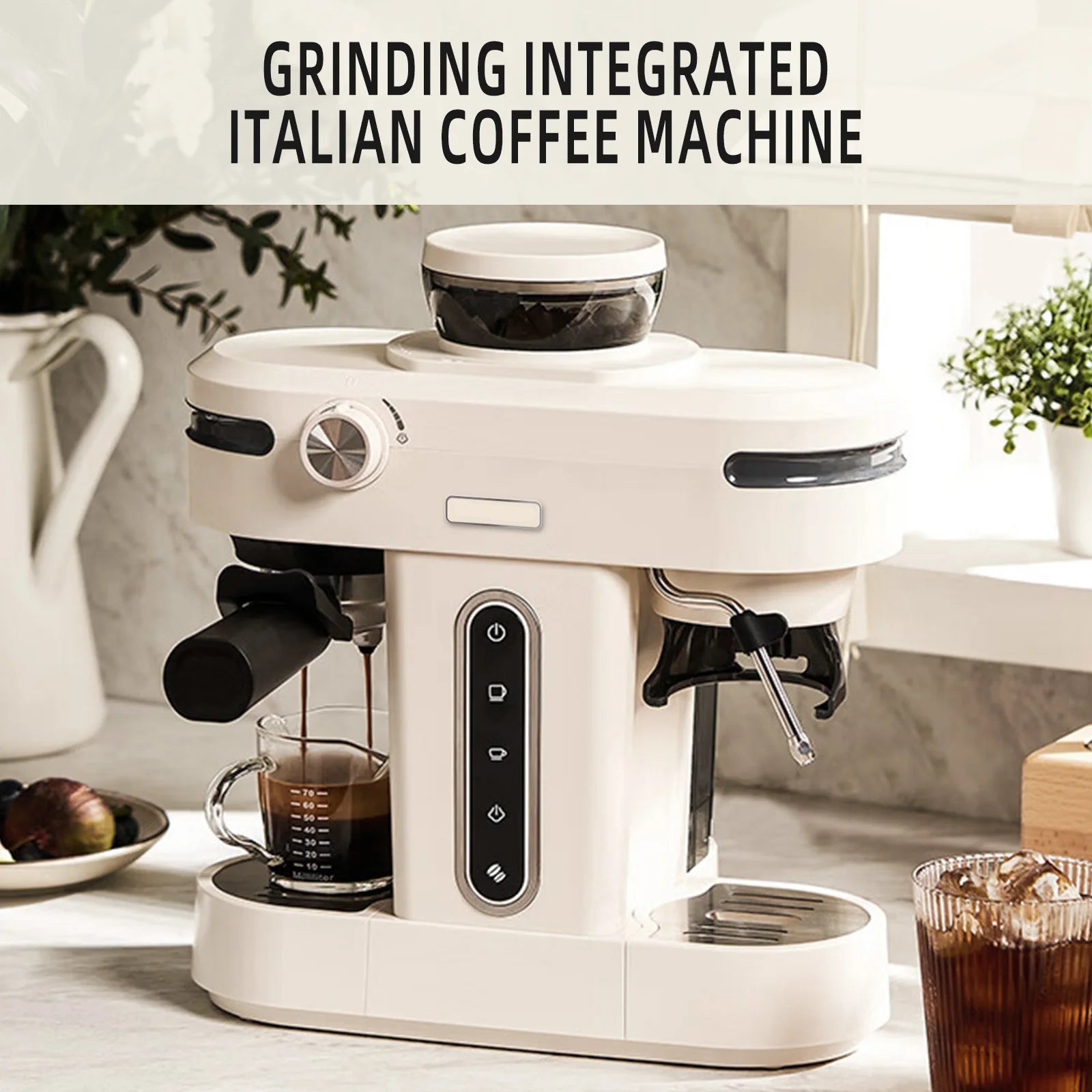 Coffee Machine Semi Automatic Espresso Maker with Integrated Grinder and Steam Wand – Black