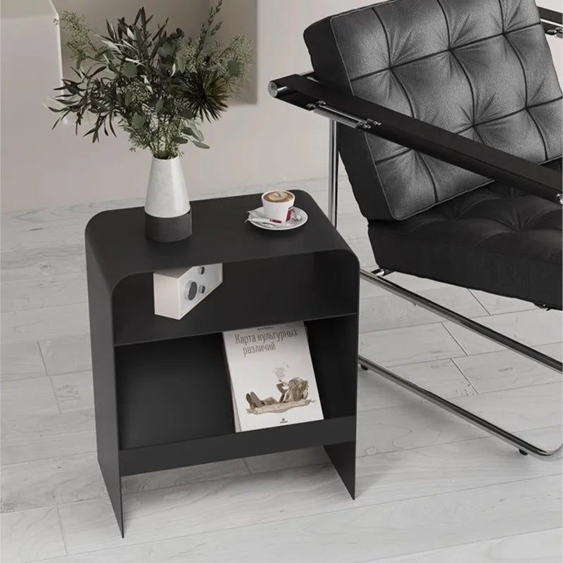 Side Table Iron Frame Built In Storage Rack Compact Bedside Table – Silver