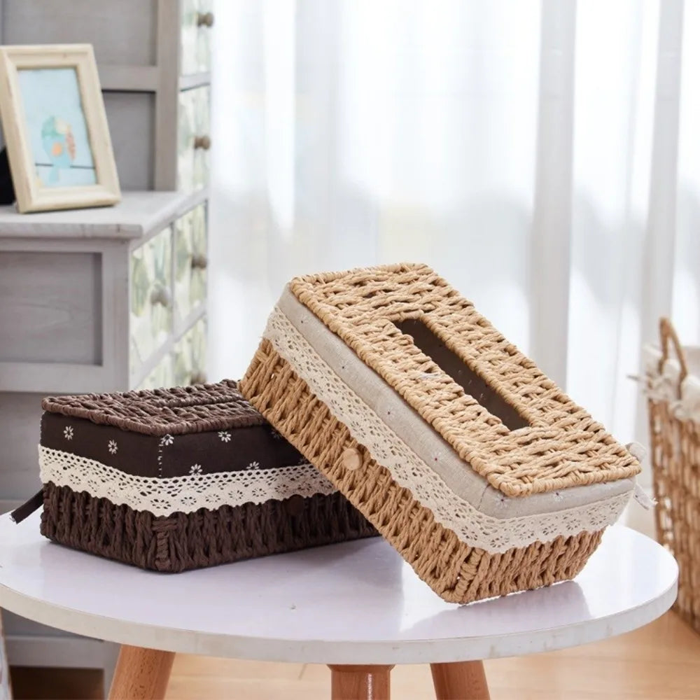Handwoven Rattan Tissue Box Cover with Lid Decorative Napkin Holder for Living Room Bathroom Dining Table – Beige