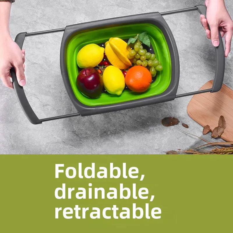 Retractable Folding Kitchen Colander Basket with Extended Handle – Red