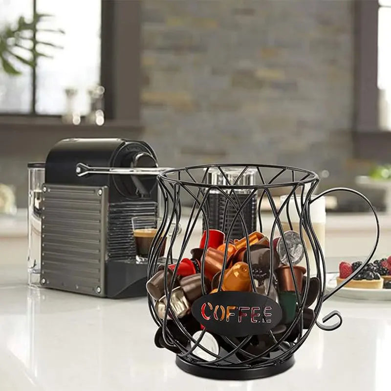 Coffee Capsule Holder Iron Hollow Basket Storage Display Stand – Gold