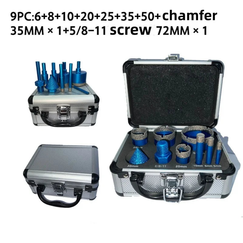 Diamond Drill Bit Set 9 Piece Vacuum Brazed Hole Saw Kit for Tile Granite Marble – Blue