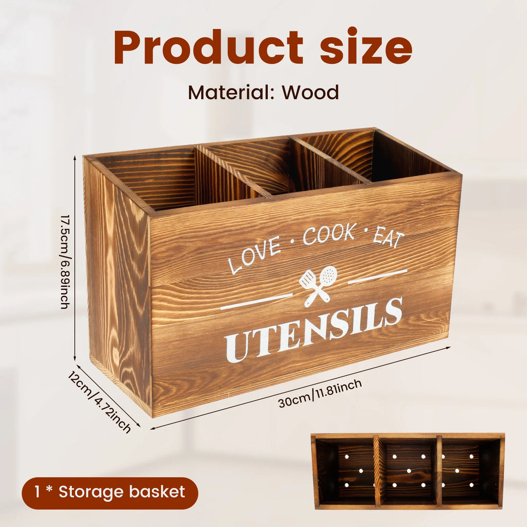Utensil Holder 3 Compartment 30 × 12 × 17.5 cm Wooden Kitchen Cutlery Organiser - Brown