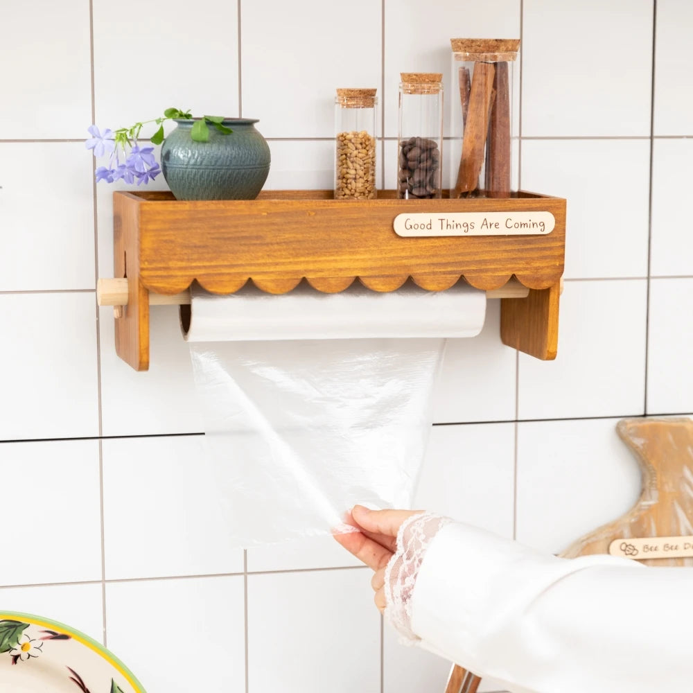 Wooden Paper Towel Holder Wall Mounted Kitchen Storage Rack with Display Shelf and Hanging Rod
