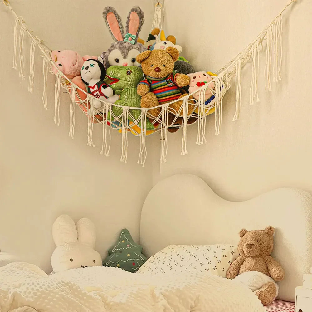Toy Hammock Corner Hanging Storage Net Cotton Rope for Soft Toys - Pink