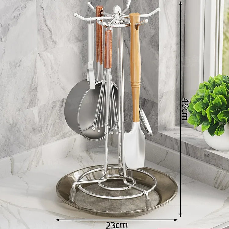 Rotating Kitchen Utensil Holder with Drip Tray 360° Metal Countertop Storage Rack – Chrome