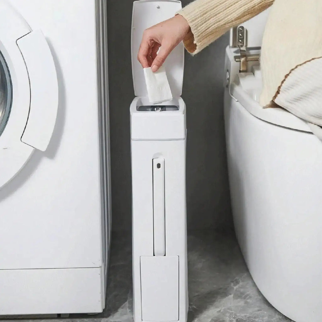 Bathroom Trash Can and Toilet Brush Combo 4.5L Slim Design with Lid Space Saving Set White