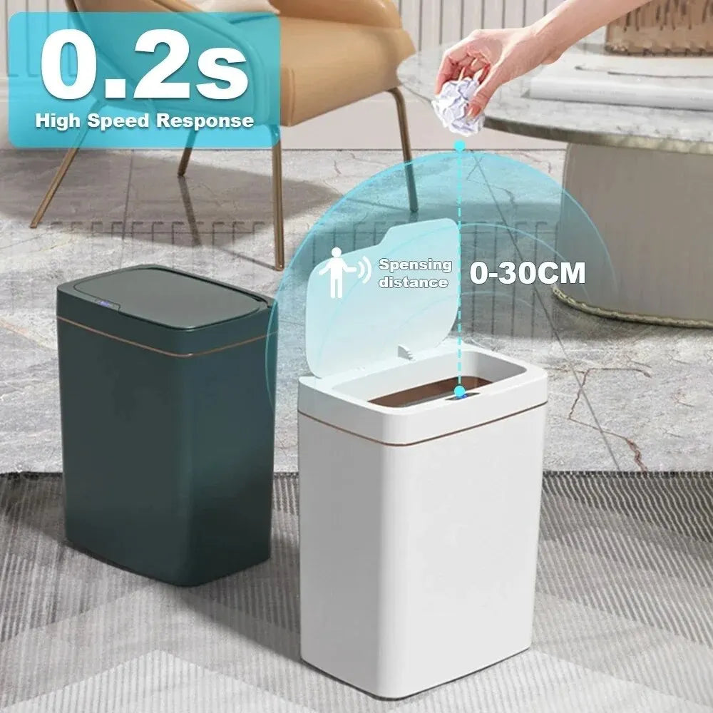 Trash Can 15L Touchless Sensor Lid Automatic Bagging Waterproof Narrow Bin - White