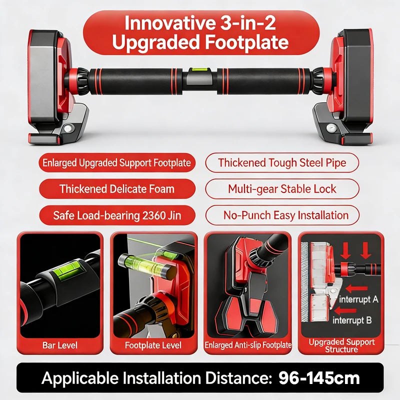 Pull Up Bar Portable No Drill Doorway Heavy Duty Strength Training Bar with Wide Support Pads - 96cm-145cm