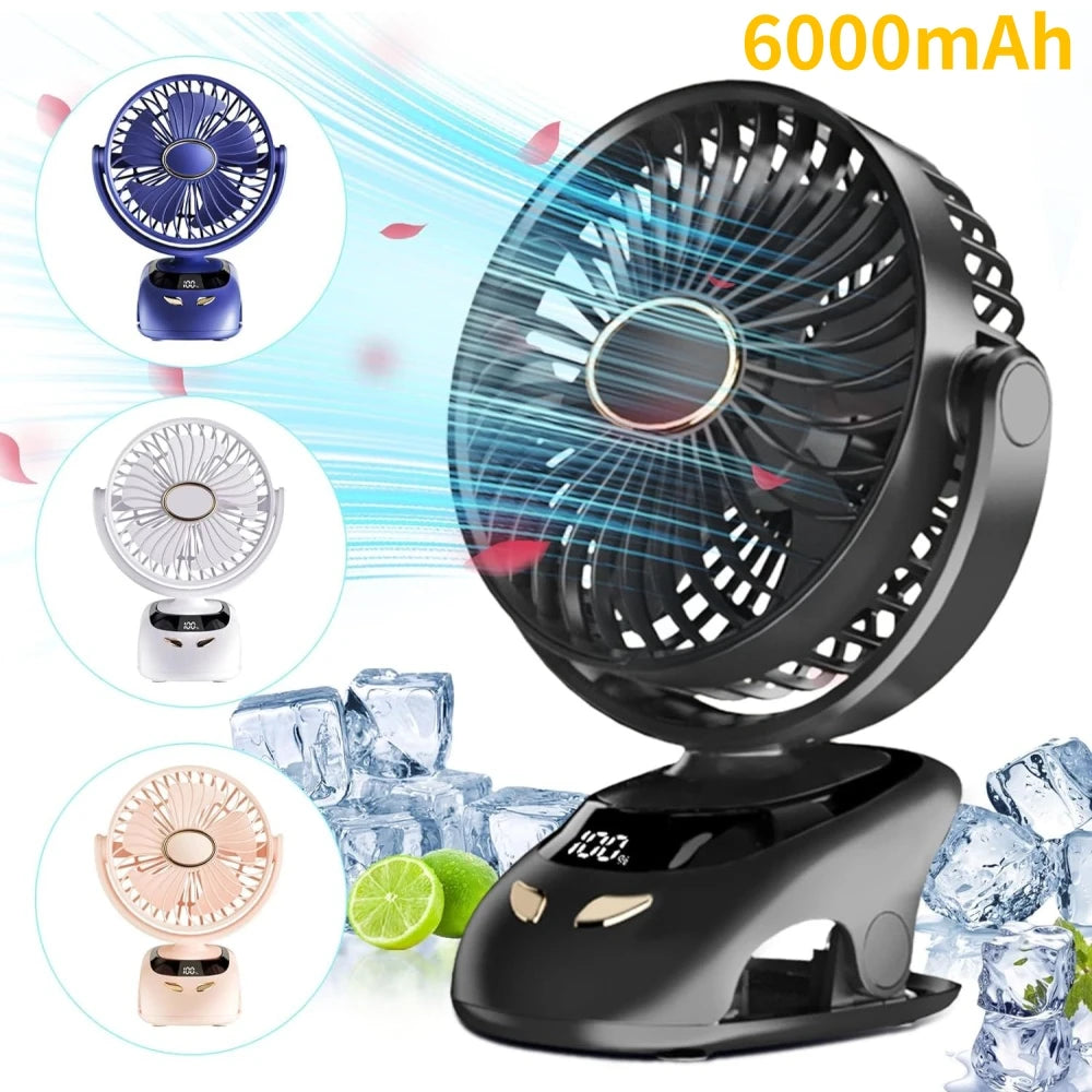 Rechargeable Clip-On Fan with 6000mAh Battery, 5 Speeds & Digital Display – Black