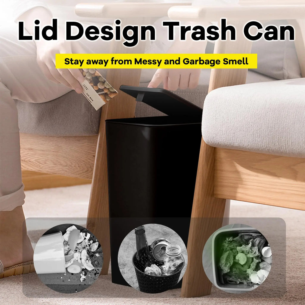 Trash Can 10L Press Top Lid Slim Rectangular Plastic Waste Bin Bathroom Bedroom - Black