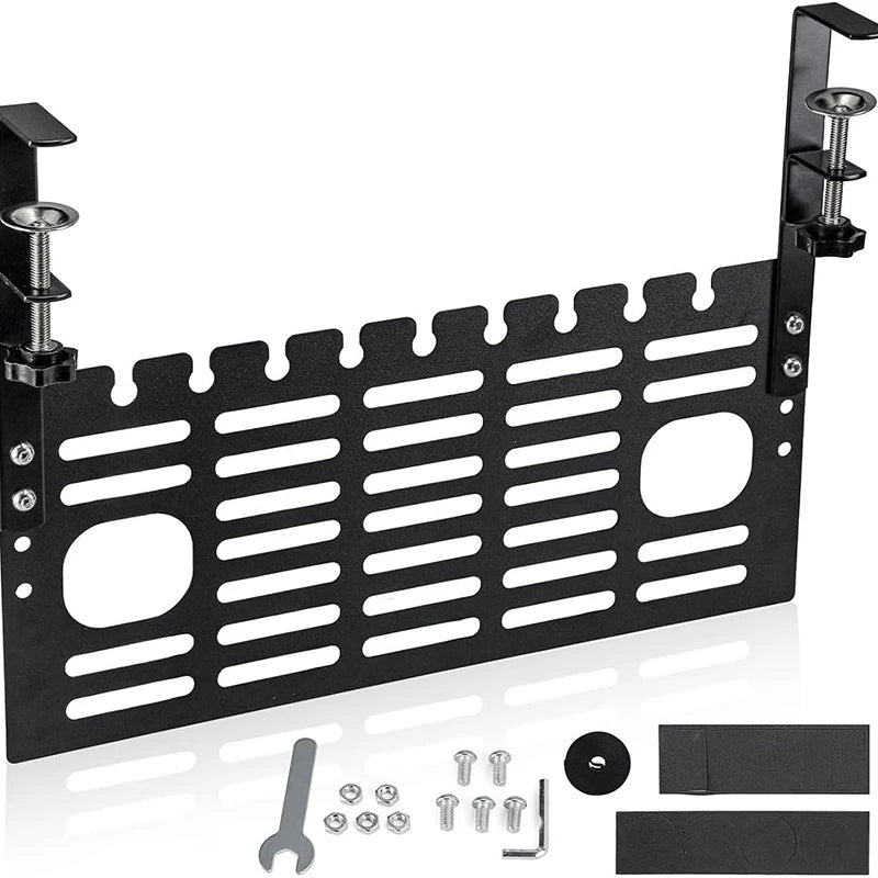 Under Desk Cable Management Tray Clamp-On Wire Organizer with Cable Clips for Office and Gaming Desk – White