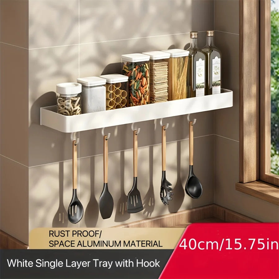 Wall Mounted Aluminum Kitchen Spice Rack with Hooks Storage Shelf Organizer – 40cm