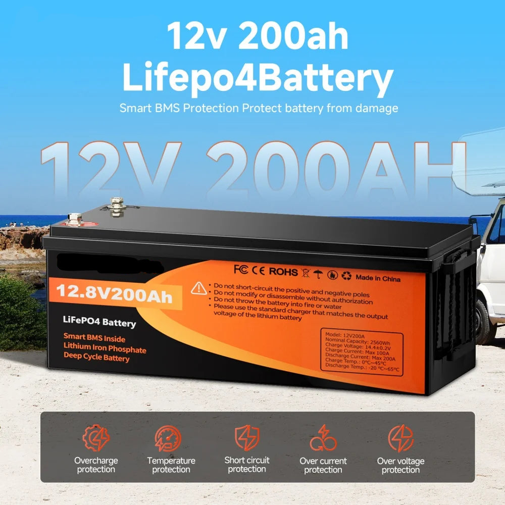 LiFePO4 Battery 12V 100Ah Deep Cycle Lithium Battery with BMS Solar RV Marine Power Storage