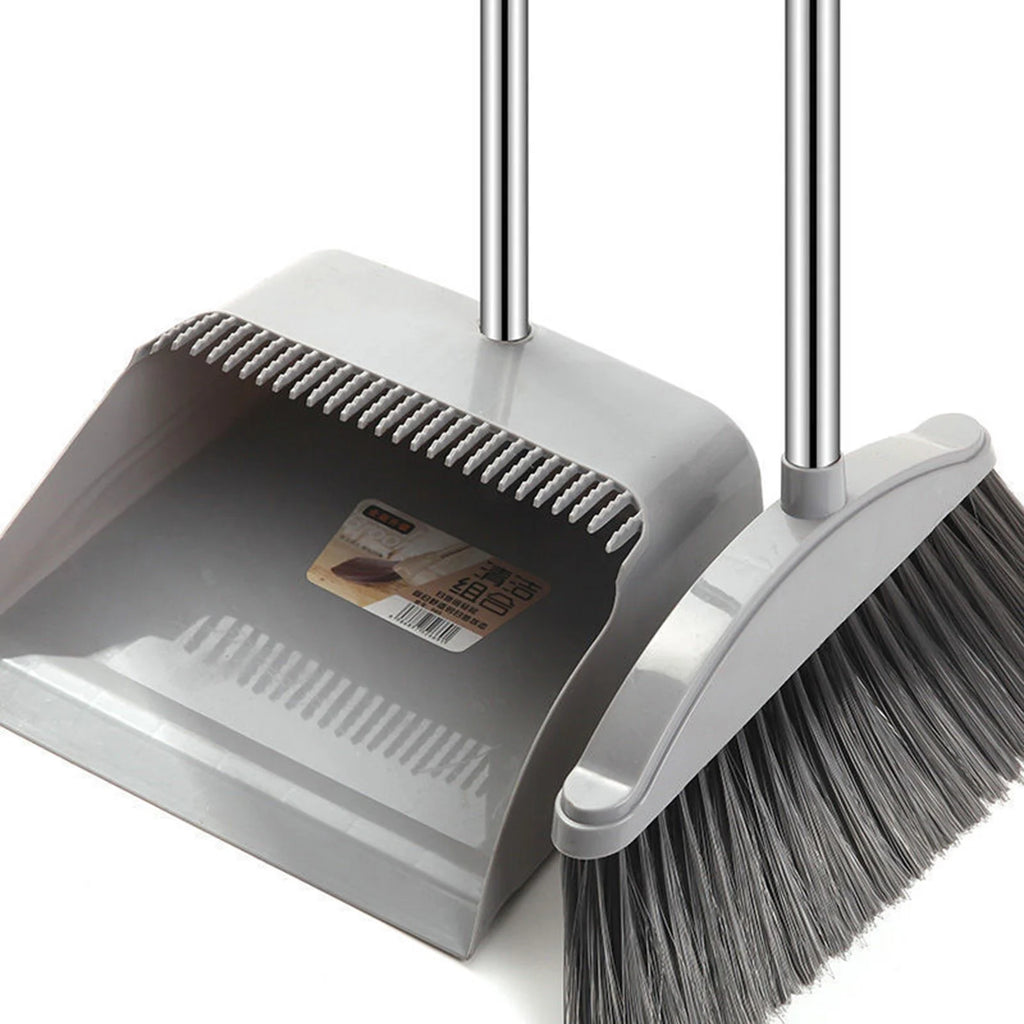 Broom and Dustpan Set Long Handle Folding Dustpan Stand-Up Storage Cleaning Tool Gray