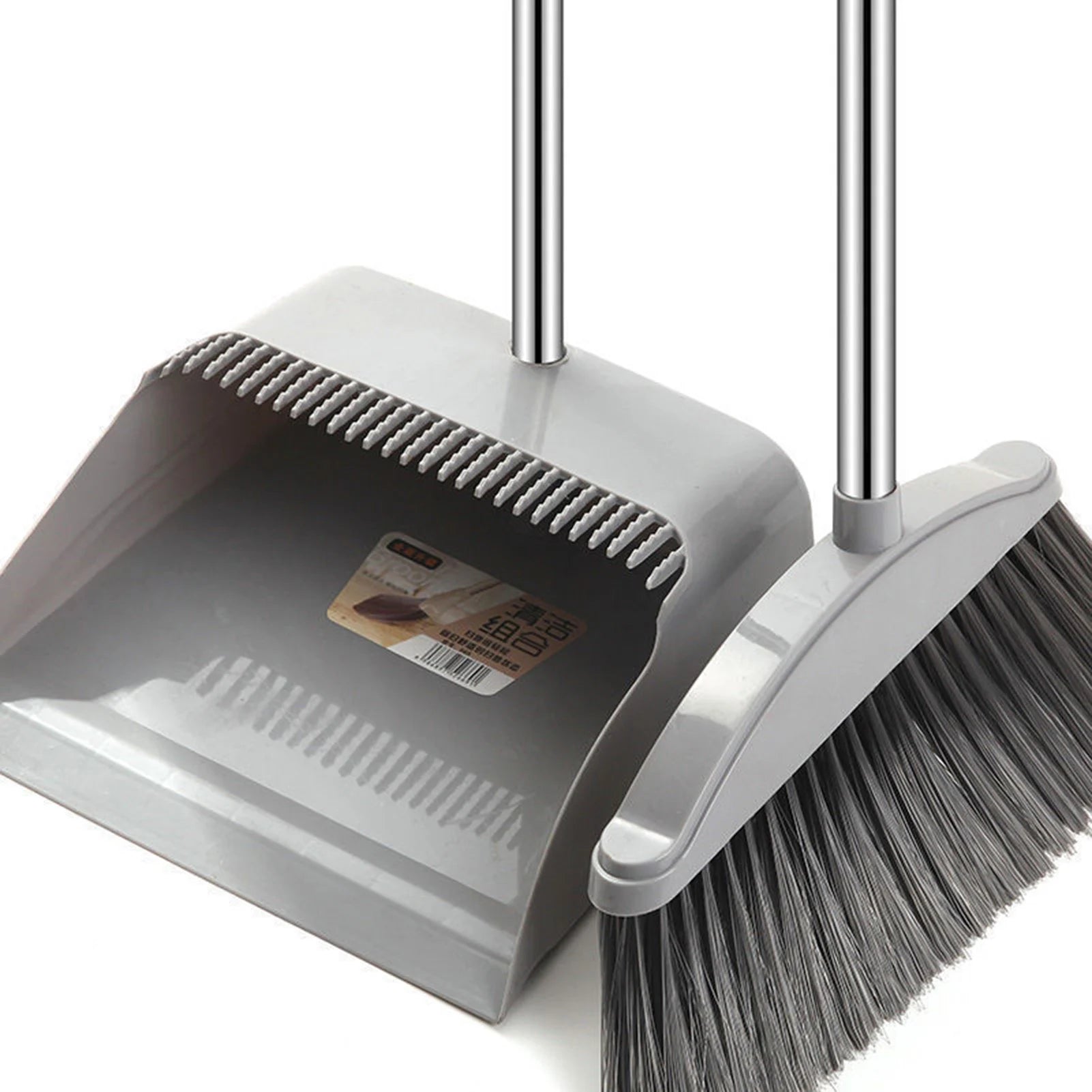 Broom and Dustpan Set Long Handle Folding Dustpan Stand-Up Storage Cleaning Tool Gray