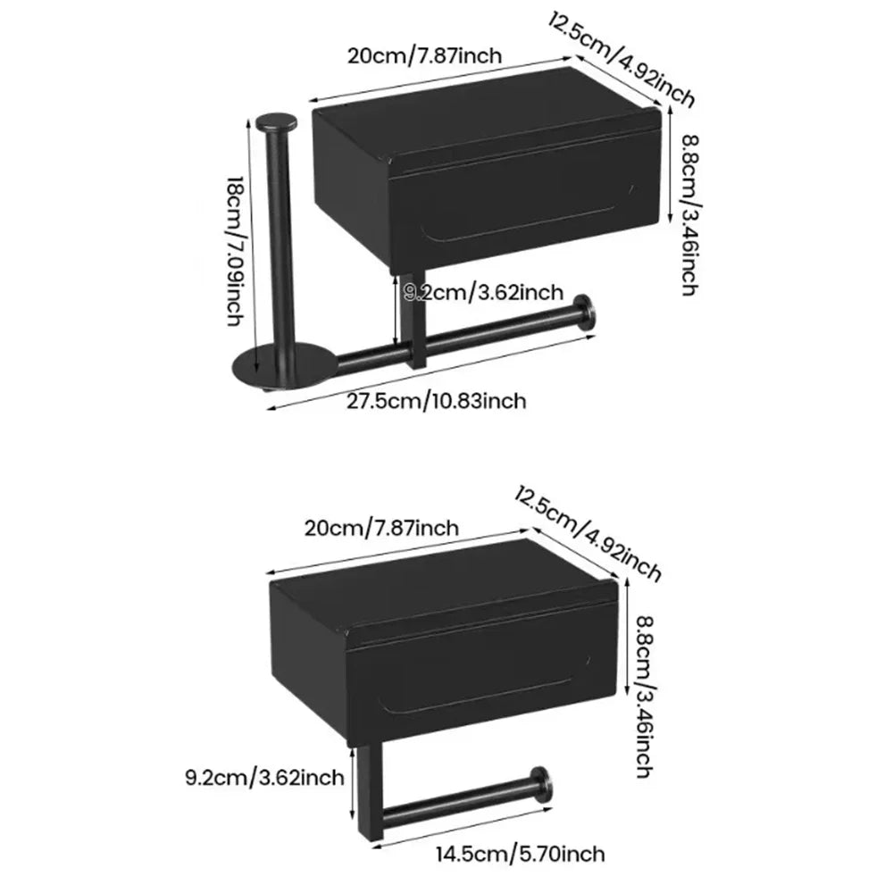 Toilet Paper Holder 275mm Wall Mounted Storage Shelf Adhesive Plastic Carbon Steel Dispenser – Black