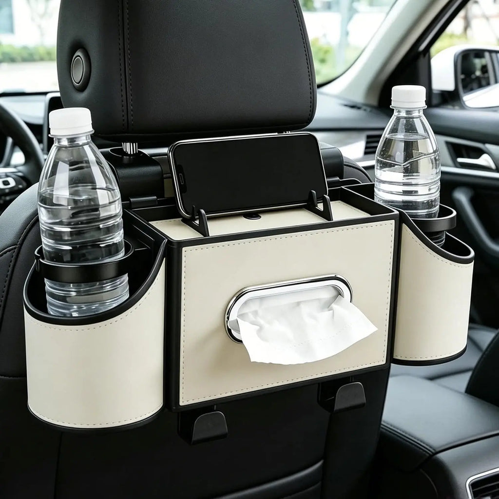 Backseat Car Organiser 4 in 1 Storage with Cup Holders Tissue Holder Phone Tray - Black