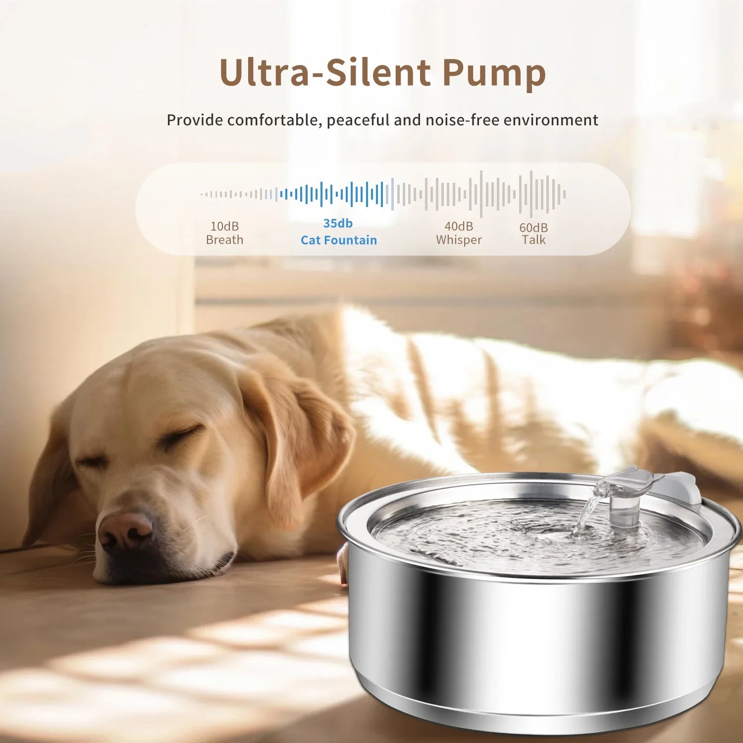 Pet Water Fountain 8L Stainless Steel Automatic Drinking Fountain with Dual Flow Outlet and Filter Set
