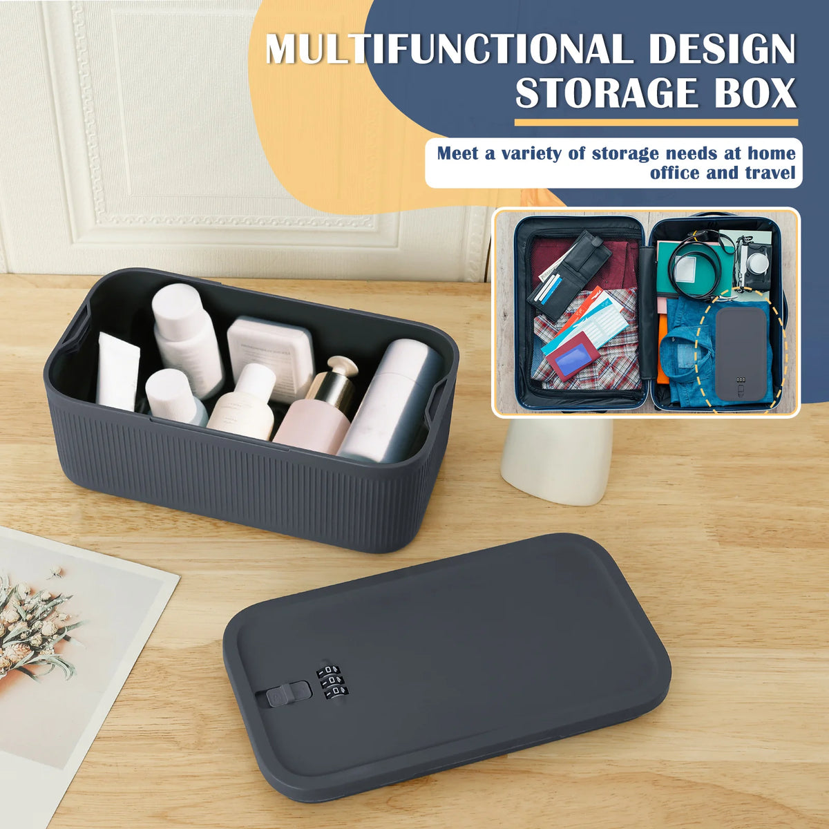 Lockable Storage Box 3-Digit Combination Lock Portable Plastic Container - Grey
